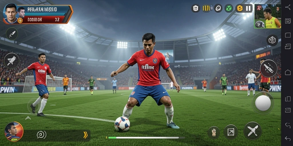 Tangkapan layar menampilkan gameplay sepak bola yang dinamis dan menarik.