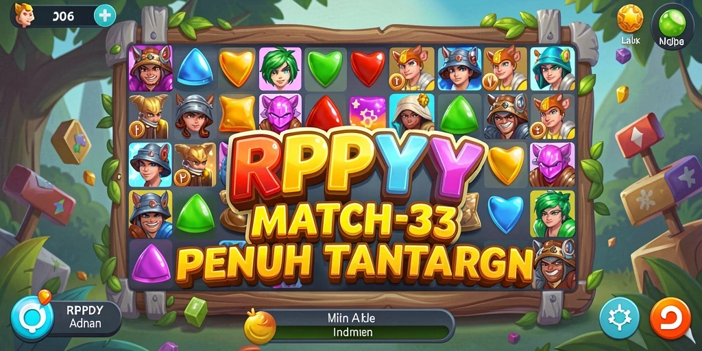 Tangkapan layar utama gameplay Match-3 dengan warna cerah.