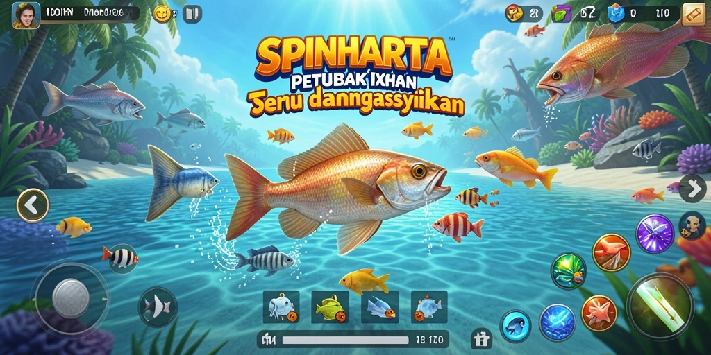 Screenshot gameplay SPINHARTA dengan aksi menangkap ikan yang seru.